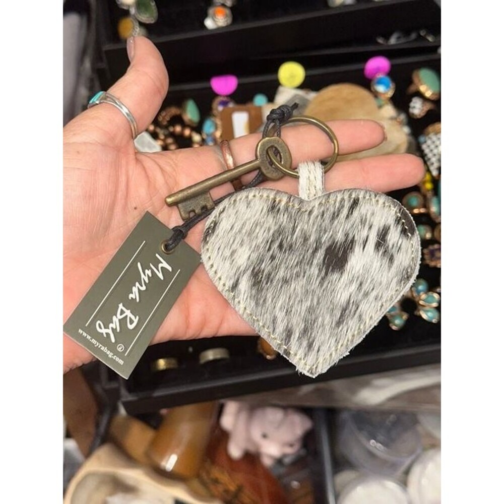 Myra Black & White Cow Hide Heart Shape Key Chain